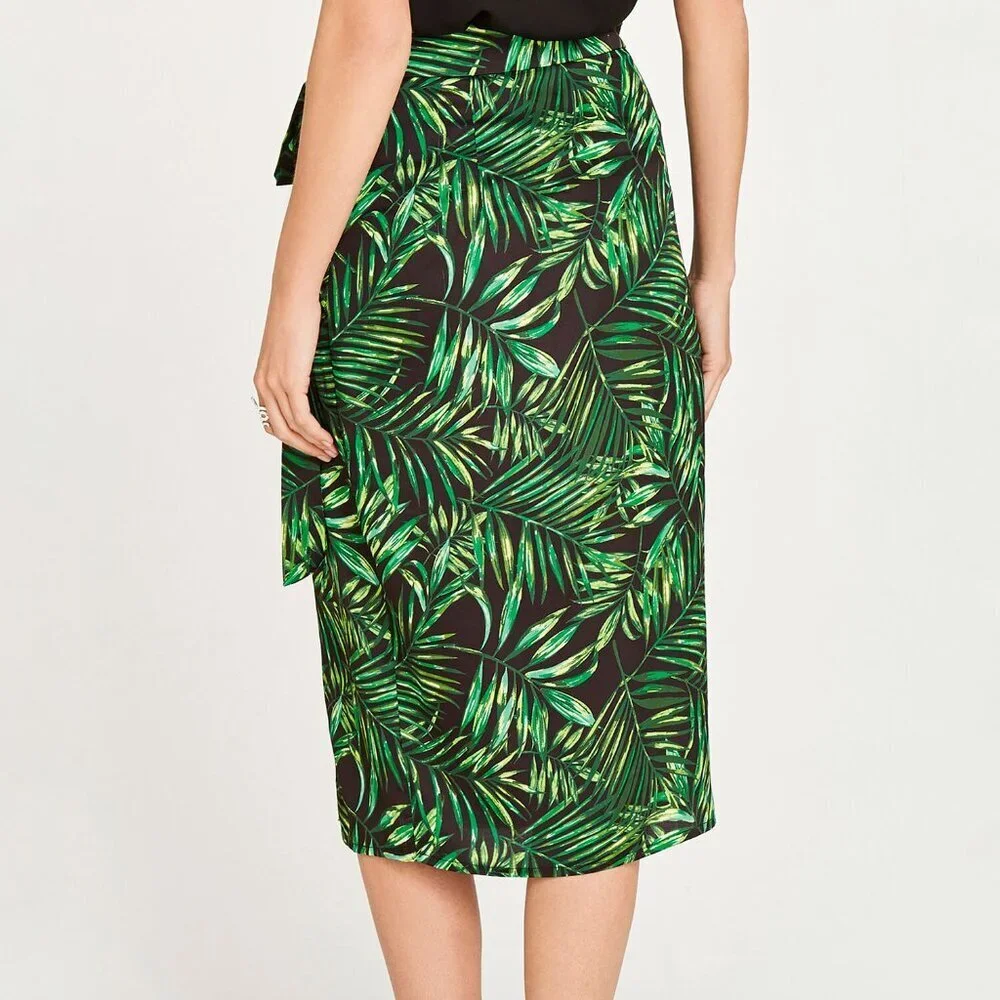 Apricot Green Palm Leaf Midi Skirt‎ Tropical Wrap Style Resortwear Summer Travel